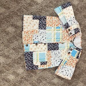 Patchwork Quilted Button-Up Jacket in Navy, Orange & Light Blue